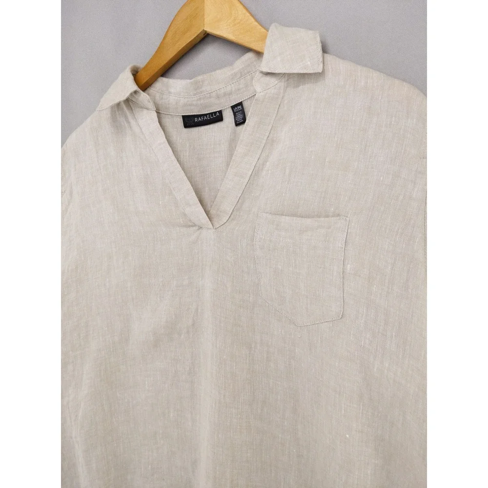 Rafaella Blouse Women Large Petite Beige 100% Linen V-Neck Short Sleeve Pocket